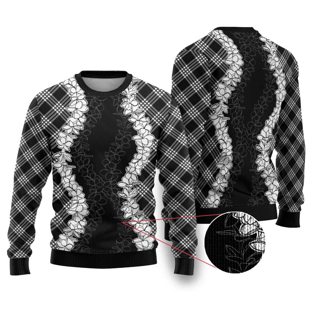Hawaii Aloha Plumeria Lei Black Palaka Ugly Christmas Sweater - Polynesian Pride
