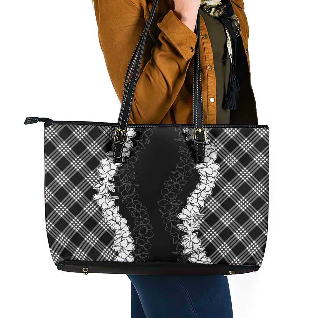 Hawaii Aloha Plumeria Lei Black Palaka Leather Tote Bag - Polynesian Pride
