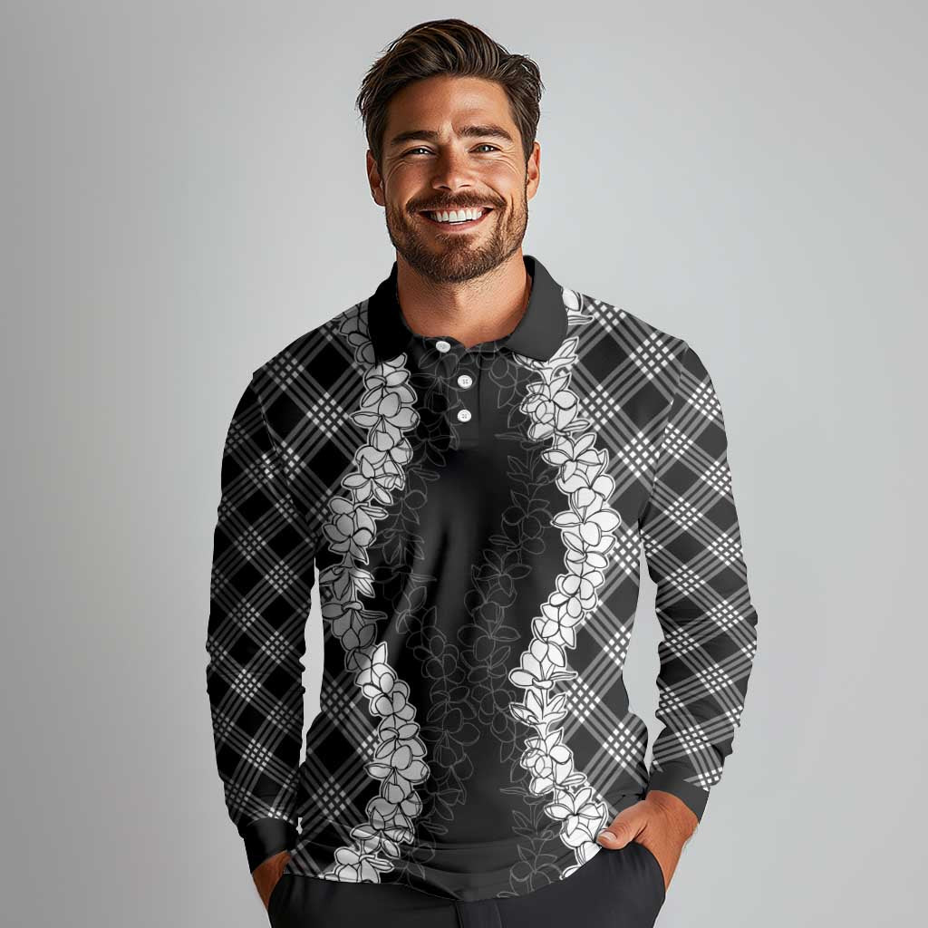 Hawaii Aloha Plumeria Lei Black Palaka Long Sleeve Polo Shirt - Polynesian Pride