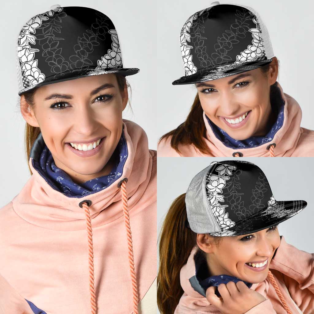 Hawaii Aloha Plumeria Lei Black Palaka Mesh Trucker Cap - Polynesian Pride