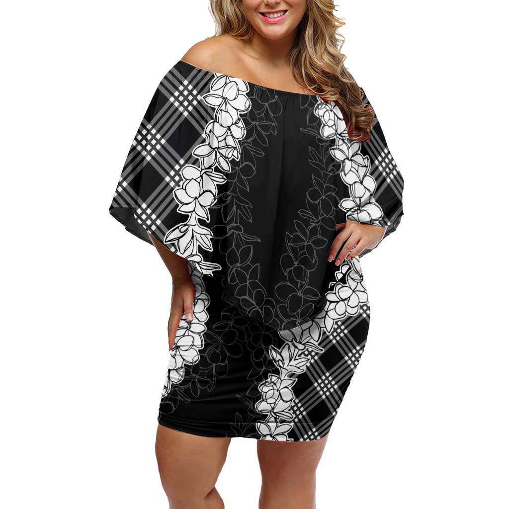 Hawaii Aloha Plumeria Lei Black Palaka Off Shoulder Short Dress - Polynesian Pride