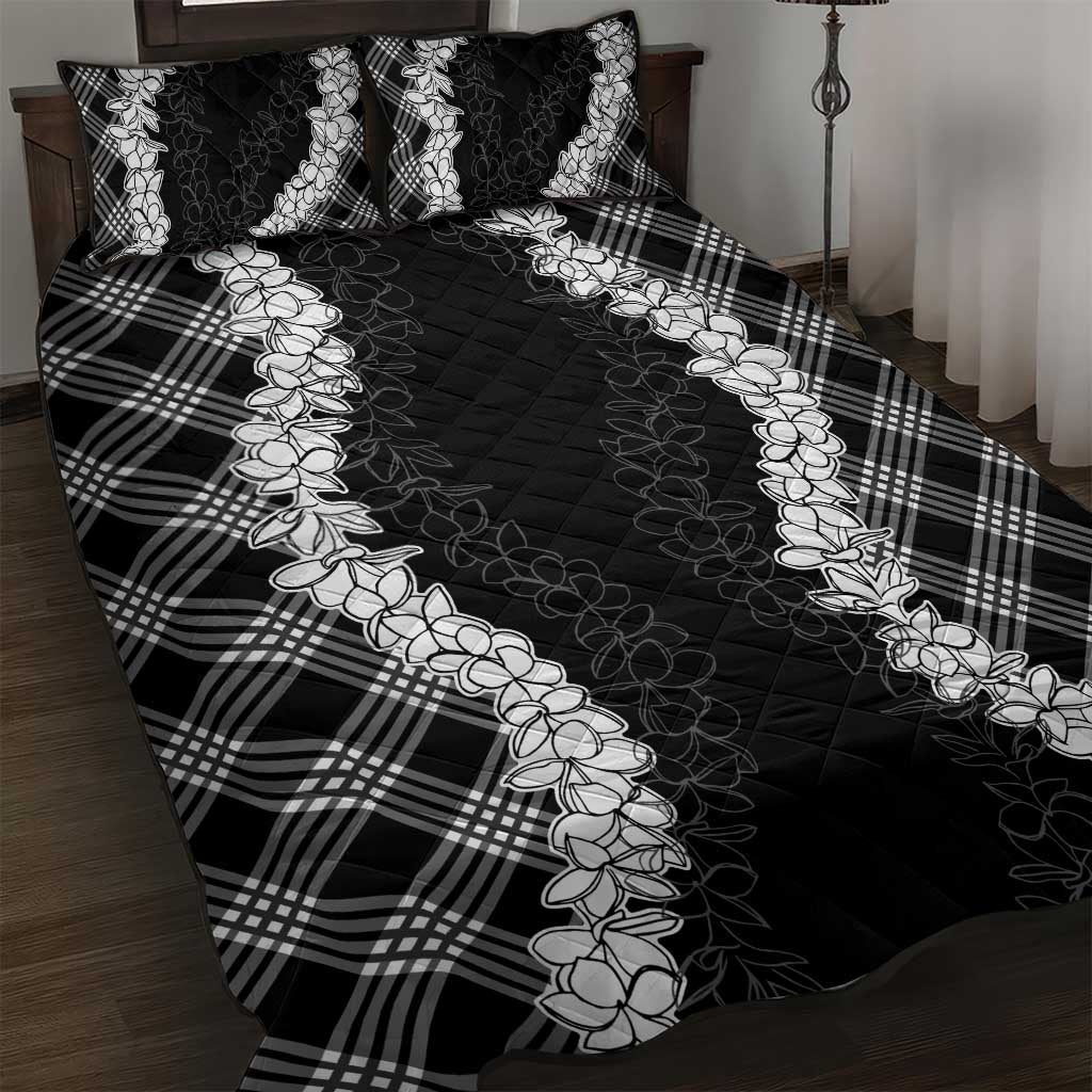 Hawaii Aloha Plumeria Lei Black Palaka Quilt Bed Set - Polynesian Pride