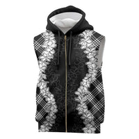 Hawaii Aloha Plumeria Lei Black Palaka Sleeveless Zip Hoodie - Polynesian Pride