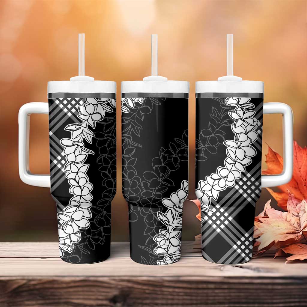 Hawaii Aloha Plumeria Lei Black Palaka Tumbler With Handle - Polynesian Pride