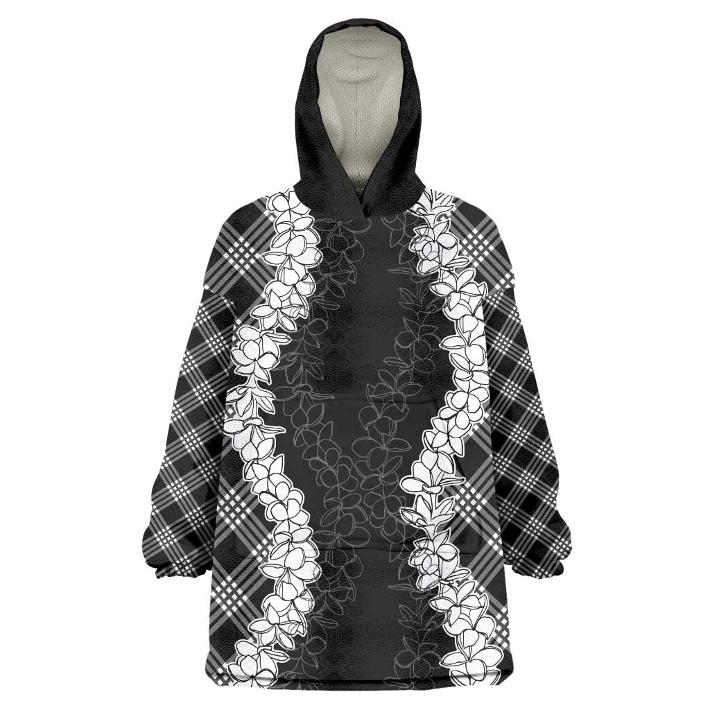 Hawaii Aloha Plumeria Lei Black Palaka Wearable Blanket Hoodie LT7 One Size Black - Polynesian Pride