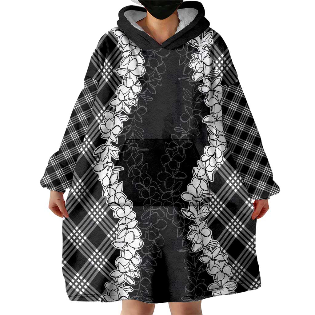 Hawaii Aloha Plumeria Lei Black Palaka Wearable Blanket Hoodie LT7 - Polynesian Pride