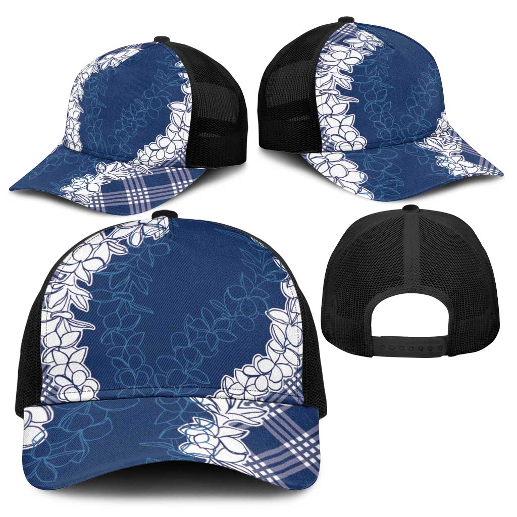 Hawaii Aloha Plumeria Lei Navy Palaka Baseball Net Cap - Polynesian Pride