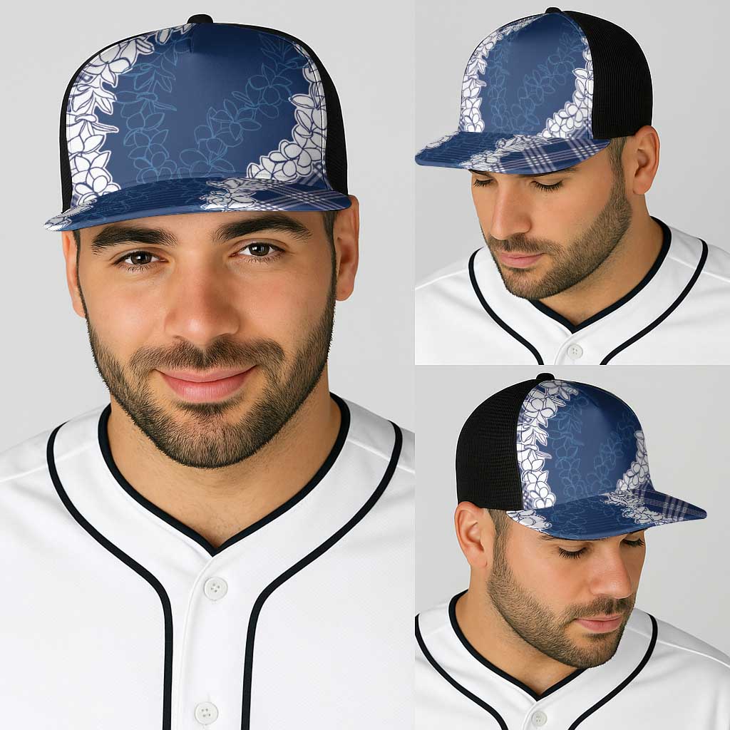 Hawaii Aloha Plumeria Lei Navy Palaka Baseball Net Cap - Polynesian Pride