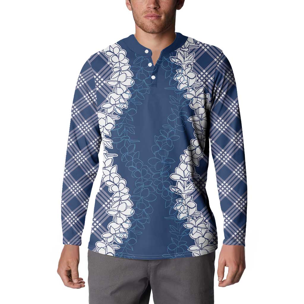 Hawaii Aloha Plumeria Lei Navy Palaka Button Sweatshirt LT7 - Polynesian Pride