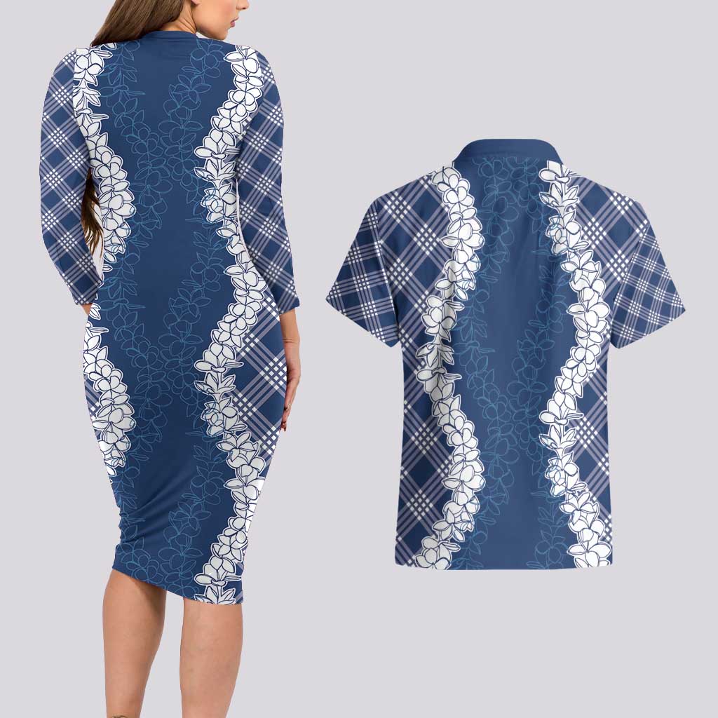 Hawaii Aloha Plumeria Lei Navy Palaka Couples Matching Long Sleeve Bodycon Dress and Hawaiian Shirt - Polynesian Pride