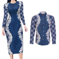 Hawaii Aloha Plumeria Lei Navy Palaka Couples Matching Long Sleeve Bodycon Dress and Long Sleeve Button Shirt - Polynesian Pride