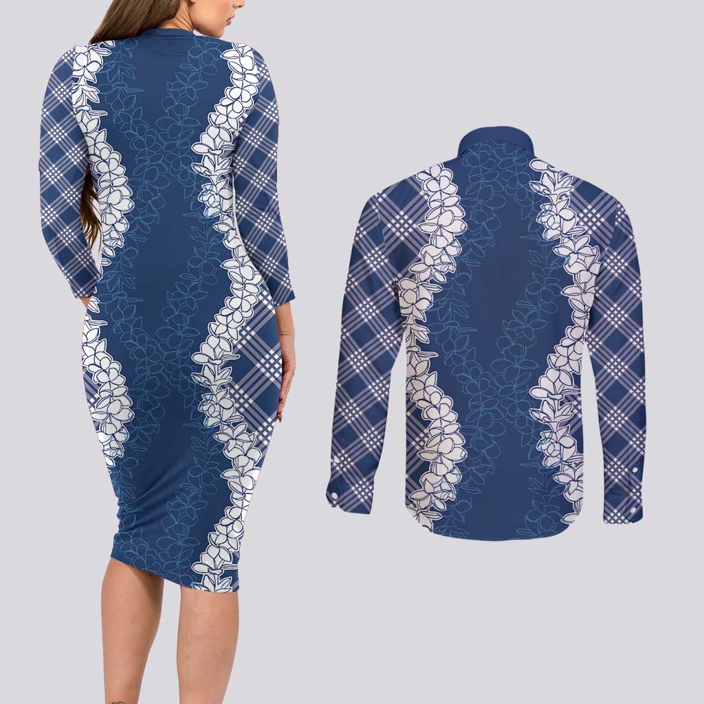 Hawaii Aloha Plumeria Lei Navy Palaka Couples Matching Long Sleeve Bodycon Dress and Long Sleeve Button Shirt - Polynesian Pride