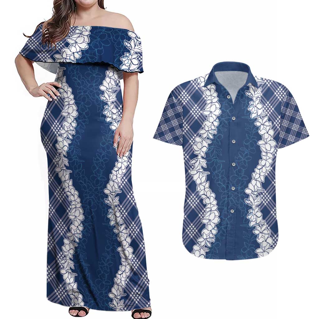 Hawaii Aloha Plumeria Lei Navy Palaka Couples Matching Off Shoulder Maxi Dress and Hawaiian Shirt - Polynesian Pride