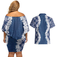 Hawaii Aloha Plumeria Lei Navy Palaka Couples Matching Off Shoulder Short Dress and Hawaiian Shirt - Polynesian Pride