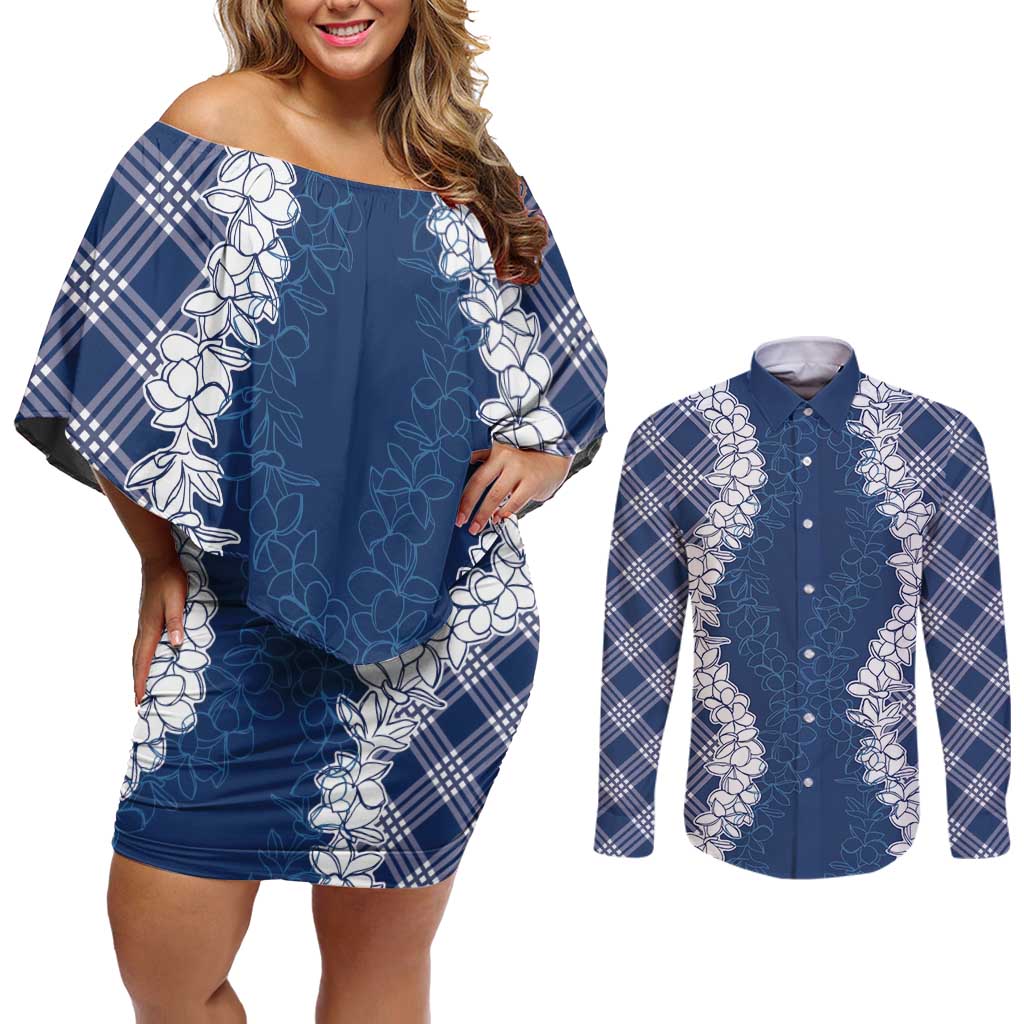 Hawaii Aloha Plumeria Lei Navy Palaka Couples Matching Off Shoulder Short Dress and Long Sleeve Button Shirt - Polynesian Pride