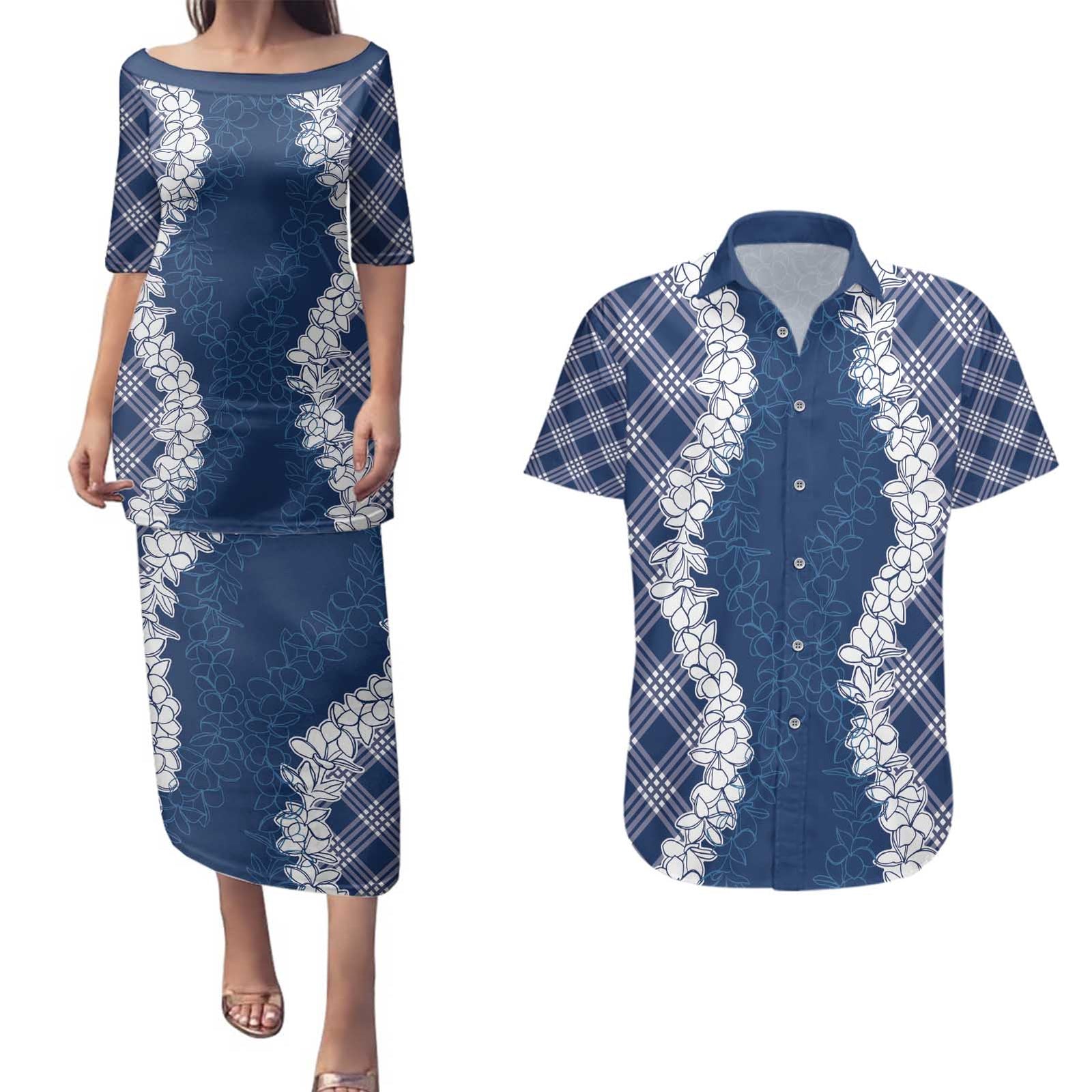 Hawaii Aloha Plumeria Lei Navy Palaka Couples Matching Puletasi and Hawaiian Shirt - Polynesian Pride