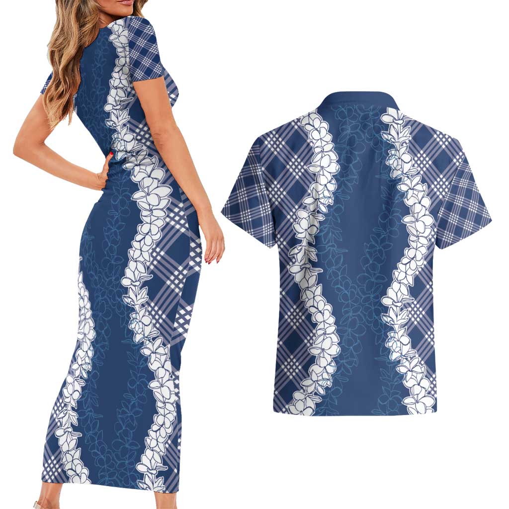 Hawaii Aloha Plumeria Lei Navy Palaka Couples Matching Short Sleeve Bodycon Dress and Hawaiian Shirt - Polynesian Pride