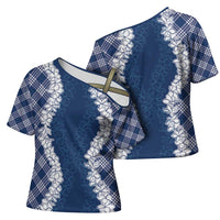 Hawaii Aloha Plumeria Lei Navy Palaka Cross Shoulder Shirt LT7 - Polynesian Pride