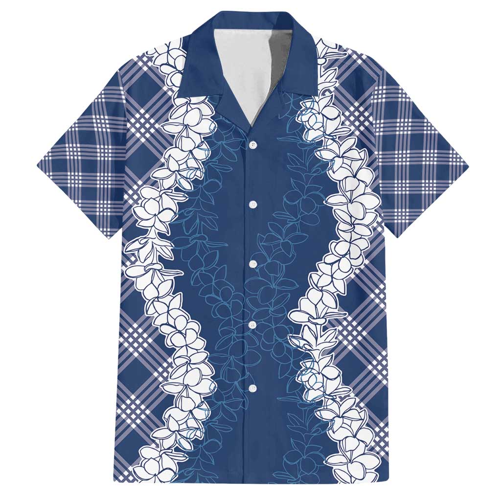 Hawaii Aloha Plumeria Lei Navy Palaka Family Matching Off Shoulder Short Dress and Hawaiian Shirt - Polynesian Pride