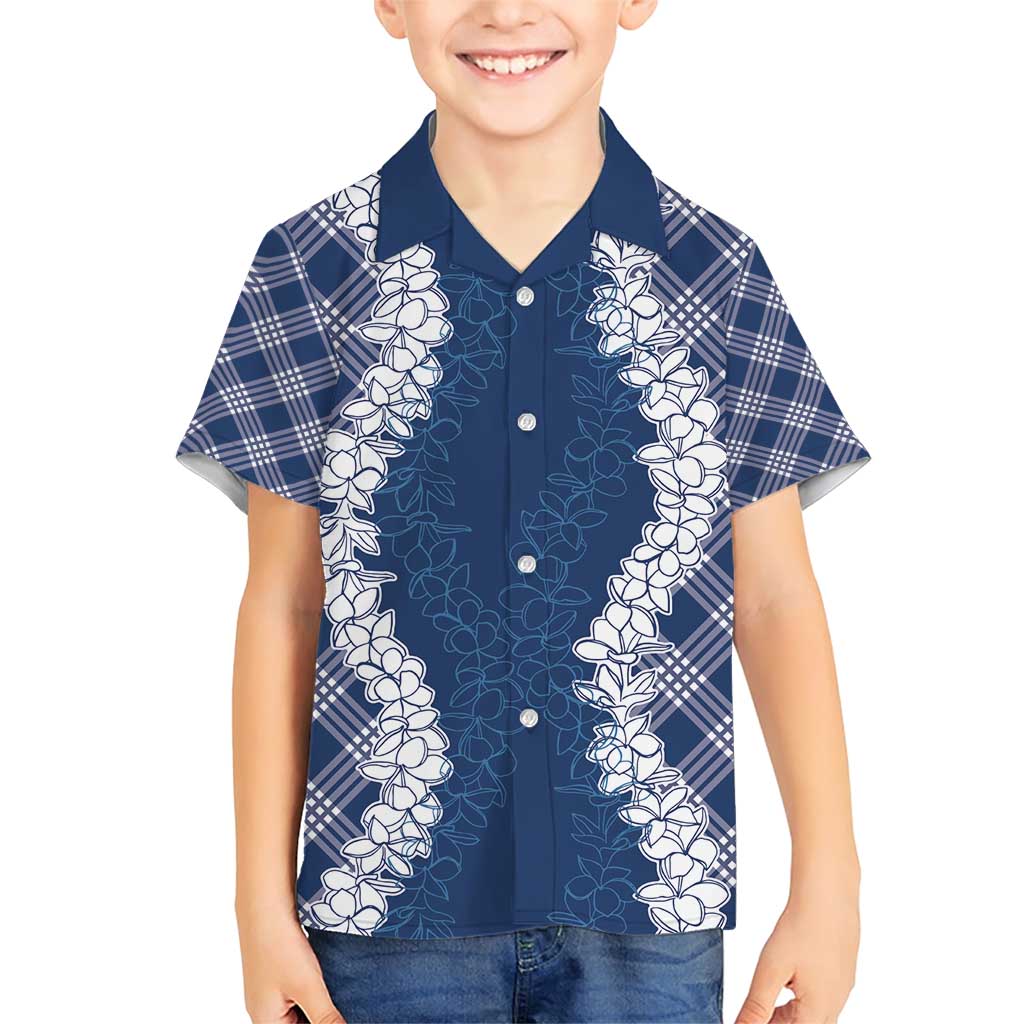 Hawaii Aloha Plumeria Lei Navy Palaka Family Matching Short Sleeve Bodycon Dress and Hawaiian Shirt - Polynesian Pride