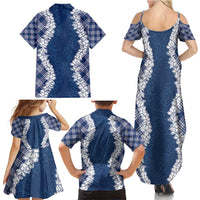 Hawaii Aloha Plumeria Lei Navy Palaka Family Matching Summer Maxi Dress and Hawaiian Shirt - Polynesian Pride