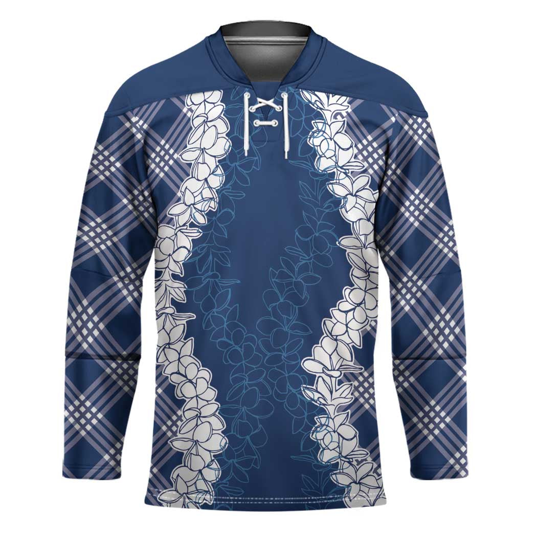Hawaii Aloha Plumeria Lei Navy Palaka Hockey Jersey - Polynesian Pride