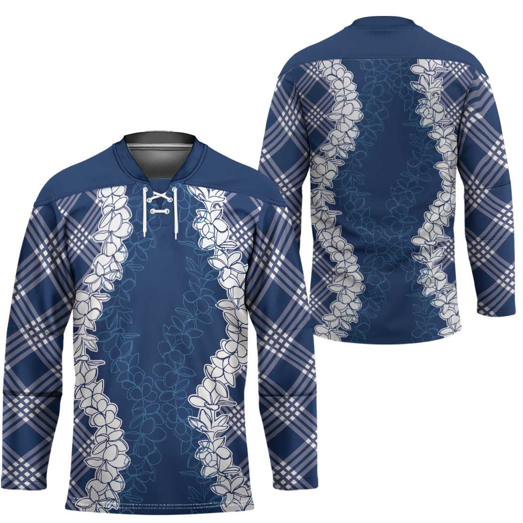 Hawaii Aloha Plumeria Lei Navy Palaka Hockey Jersey LT7 - Polynesian Pride