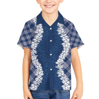Hawaii Aloha Plumeria Lei Navy Palaka Kid Hawaiian Shirt LT7 Kid Navy Blue - Polynesian Pride