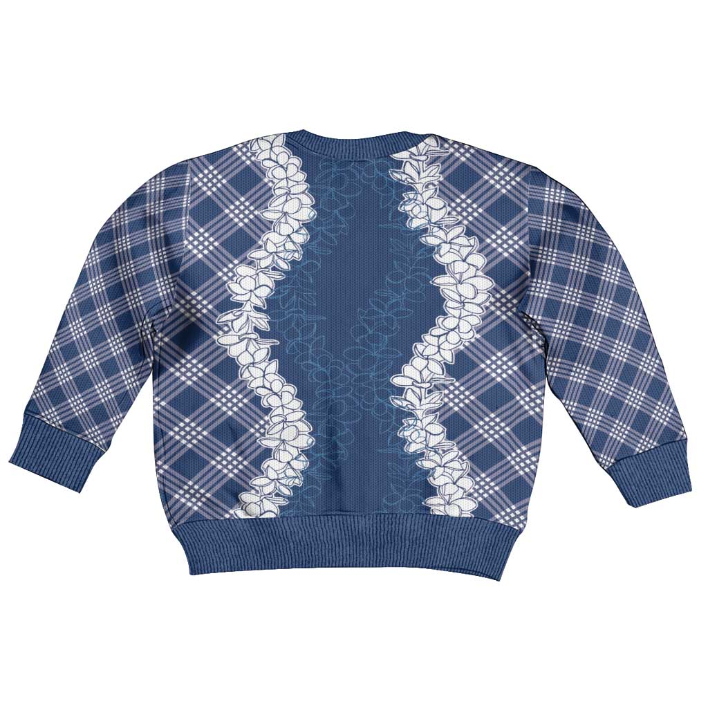 Hawaii Aloha Plumeria Lei Navy Palaka Kid Ugly Christmas Sweater - Polynesian Pride