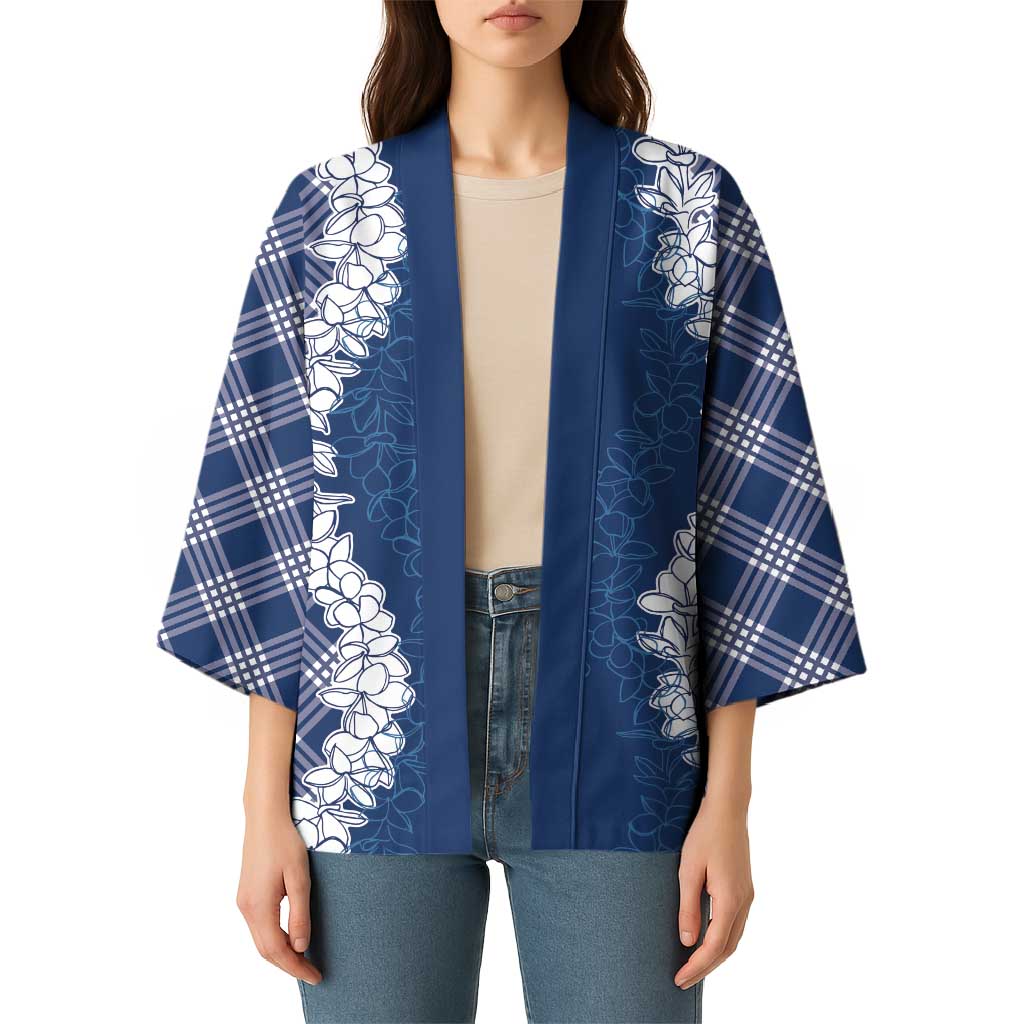 Hawaii Aloha Plumeria Lei Navy Palaka Kimono - Polynesian Pride