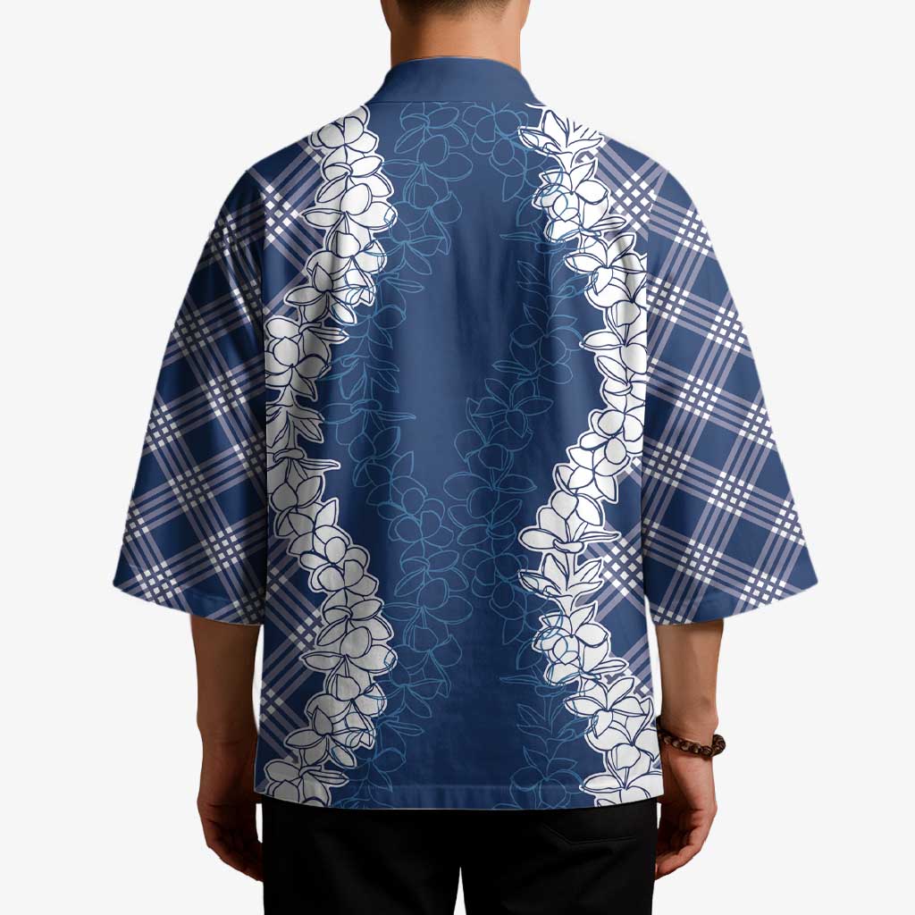 Hawaii Aloha Plumeria Lei Navy Palaka Kimono - Polynesian Pride