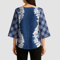 Hawaii Aloha Plumeria Lei Navy Palaka Kimono Sleeve Blouse - Polynesian Pride