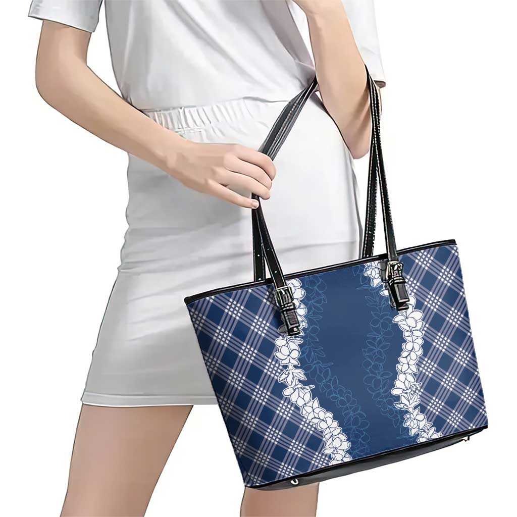 Hawaii Aloha Plumeria Lei Navy Palaka Leather Tote Bag - Polynesian Pride