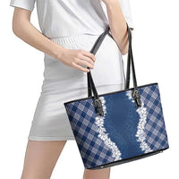Hawaii Aloha Plumeria Lei Navy Palaka Leather Tote Bag - Polynesian Pride
