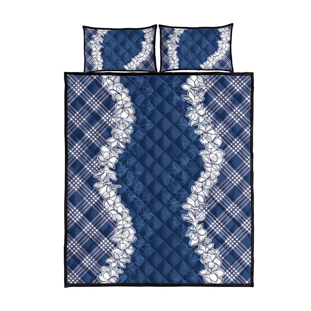 Hawaii Aloha Plumeria Lei Navy Palaka Quilt Bed Set - Polynesian Pride