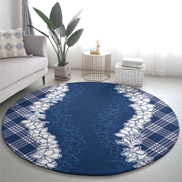 Hawaii Aloha Plumeria Lei Navy Palaka Round Carpet - Polynesian Pride