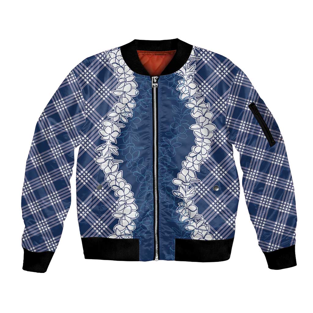 Hawaii Aloha Plumeria Lei Navy Palaka Sleeve Zip Bomber Jacket - Polynesian Pride
