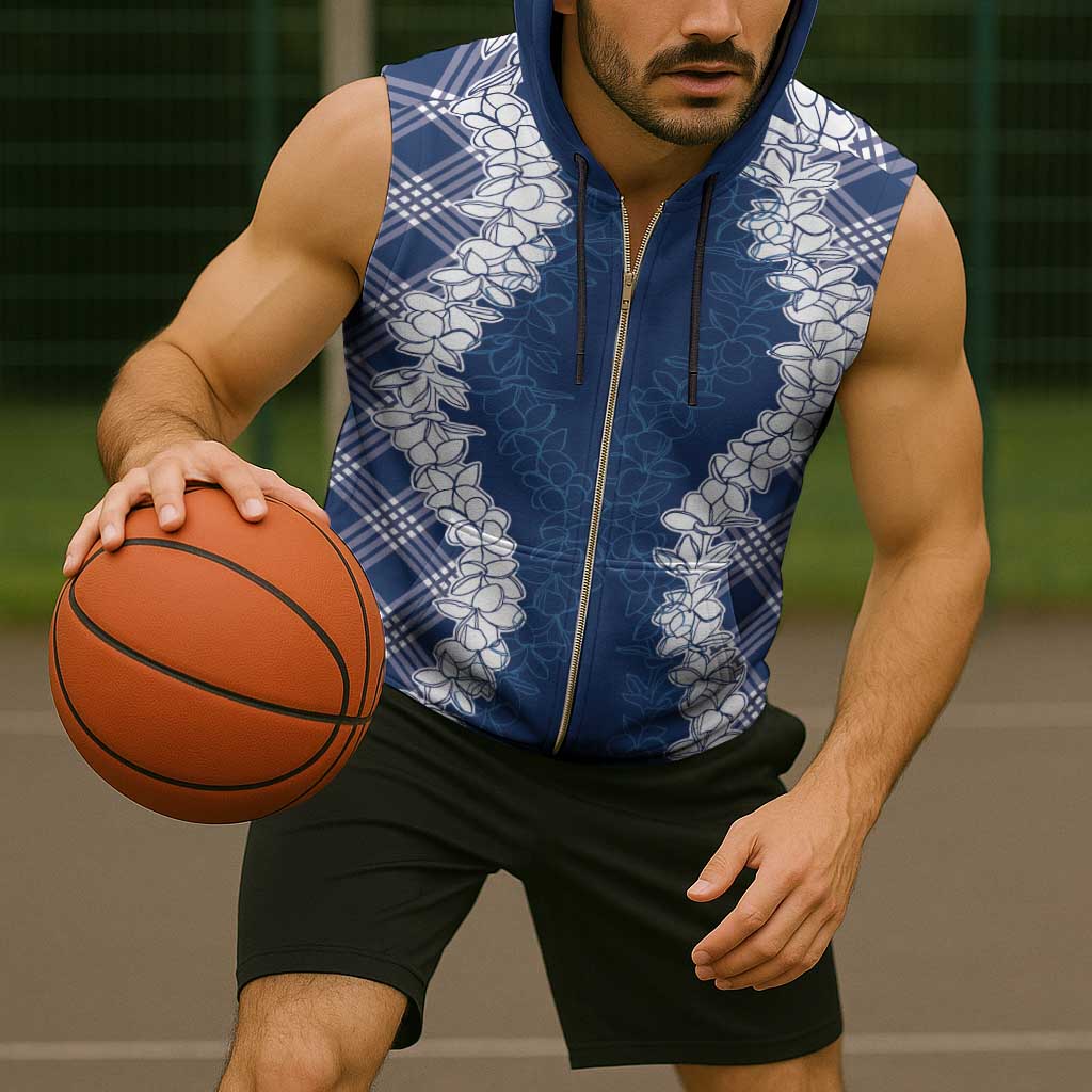 Hawaii Aloha Plumeria Lei Navy Palaka Sleeveless Zip Hoodie - Polynesian Pride