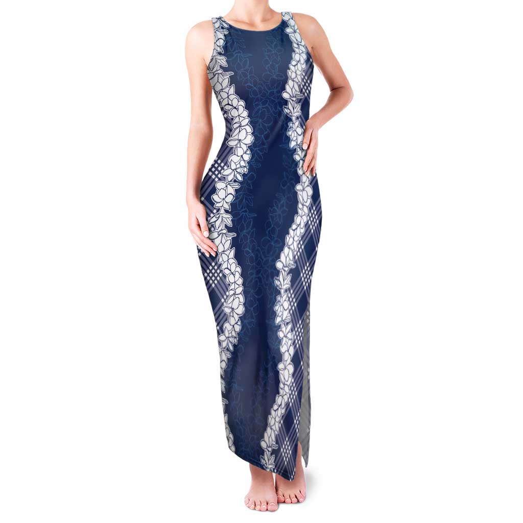 Hawaii Aloha Plumeria Lei Navy Palaka Tank Maxi Dress - Polynesian Pride