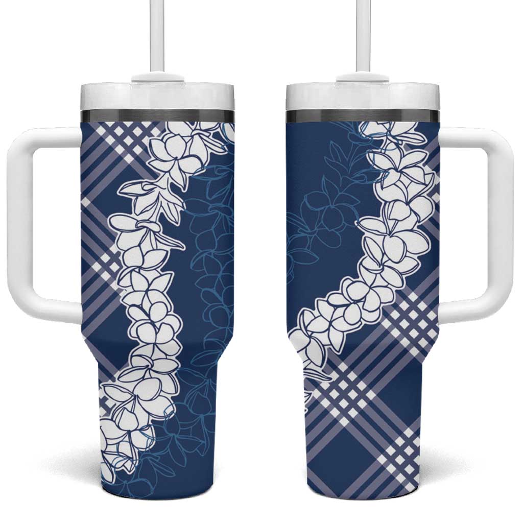 Hawaii Aloha Plumeria Lei Navy Palaka Tumbler With Handle - Polynesian Pride