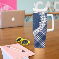 Hawaii Aloha Plumeria Lei Navy Palaka Tumbler With Handle - Polynesian Pride