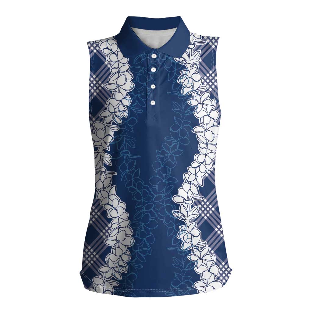 Hawaii Aloha Plumeria Lei Navy Palaka Women Sleeveless Polo Shirt - Polynesian Pride