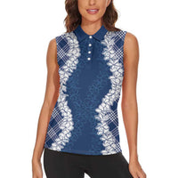 Hawaii Aloha Plumeria Lei Navy Palaka Women Sleeveless Polo Shirt - Polynesian Pride