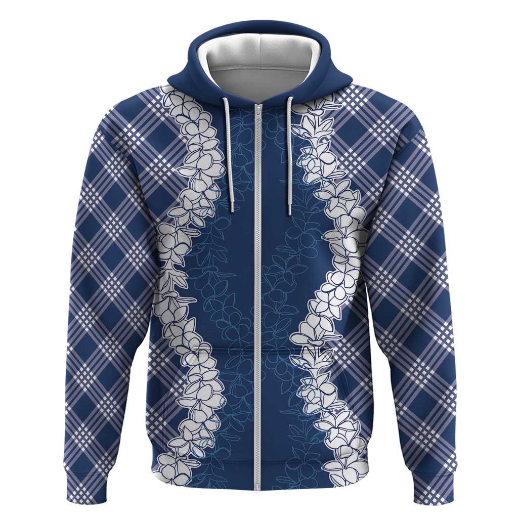 Hawaii Aloha Plumeria Lei Navy Palaka Zip Hoodie - Polynesian Pride