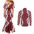 Hawaii Aloha Plumeria Lei Scarlet Palaka Couples Matching Mermaid Dress and Long Sleeve Button Shirt - Polynesian Pride