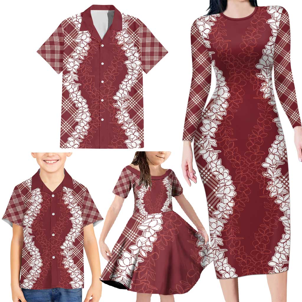 Hawaii Aloha Plumeria Lei Scarlet Palaka Family Matching Long Sleeve Bodycon Dress and Hawaiian Shirt - Polynesian Pride