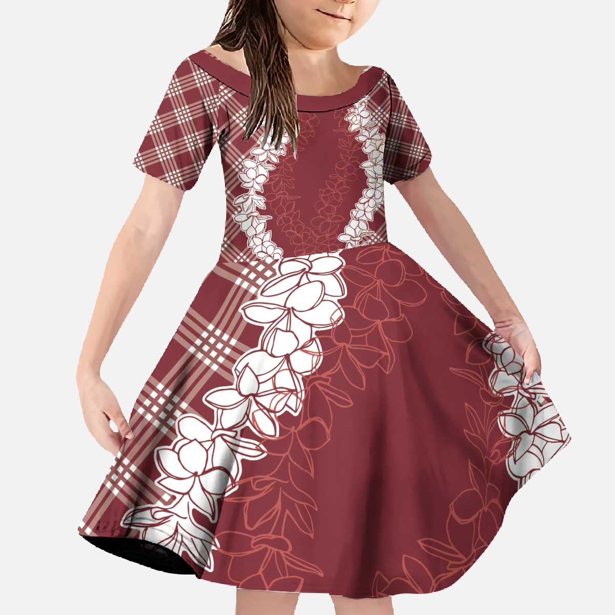 Hawaii Aloha Plumeria Lei Scarlet Palaka Family Matching Off The Shoulder Long Sleeve Dress and Hawaiian Shirt - Polynesian Pride