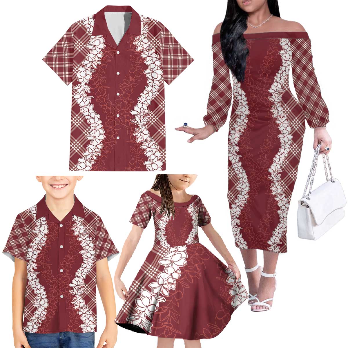 Hawaii Aloha Plumeria Lei Scarlet Palaka Family Matching Off The Shoulder Long Sleeve Dress and Hawaiian Shirt - Polynesian Pride