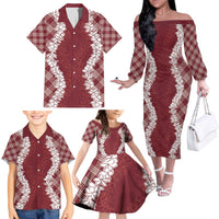 Hawaii Aloha Plumeria Lei Scarlet Palaka Family Matching Off The Shoulder Long Sleeve Dress and Hawaiian Shirt - Polynesian Pride