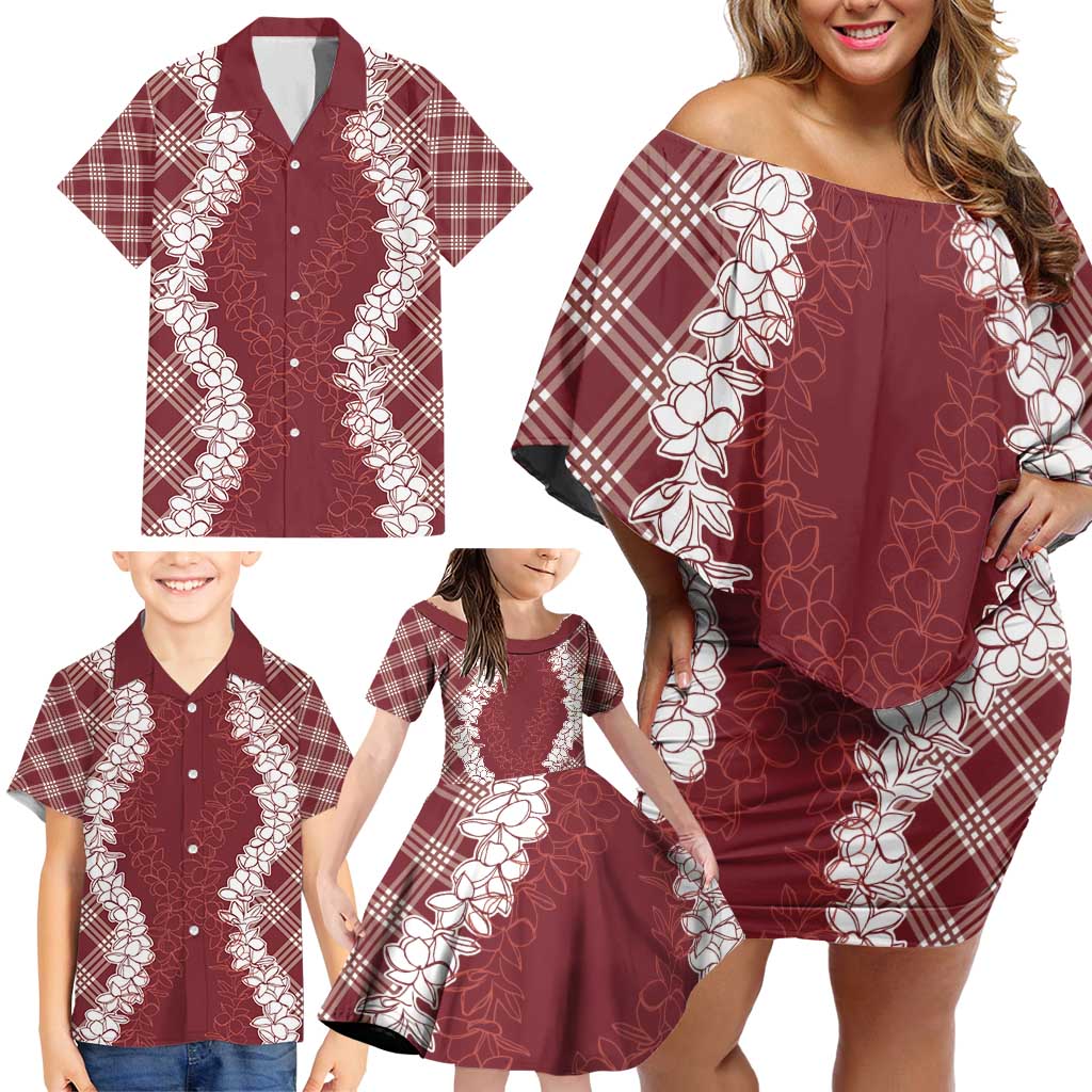 Hawaii Aloha Plumeria Lei Scarlet Palaka Family Matching Off Shoulder Short Dress and Hawaiian Shirt - Polynesian Pride